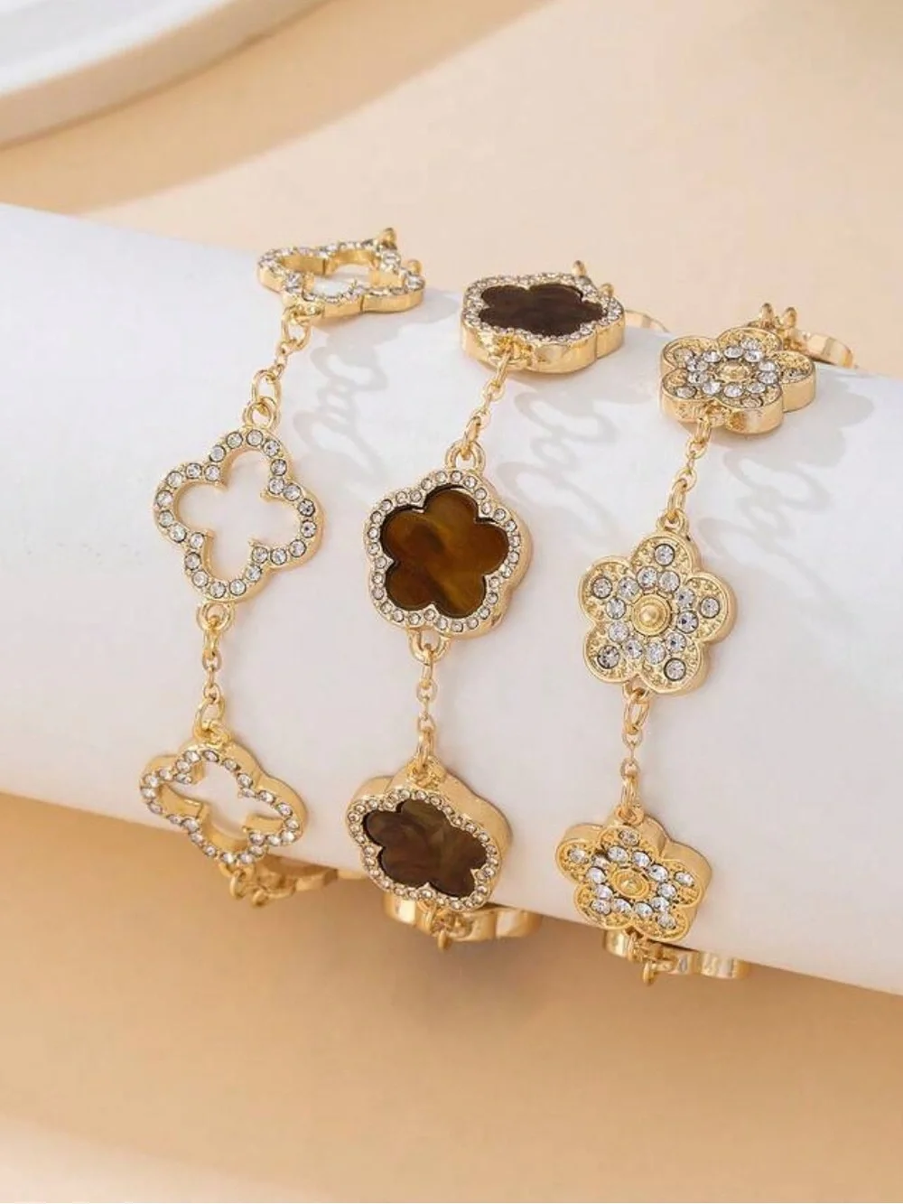 3 Piece Set Luxurious High End Gold Clover Link Bracelet with Rhinestone Accents